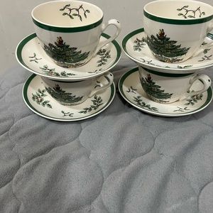 Spode Christmas Tree Cups and Saucers with Green Trim